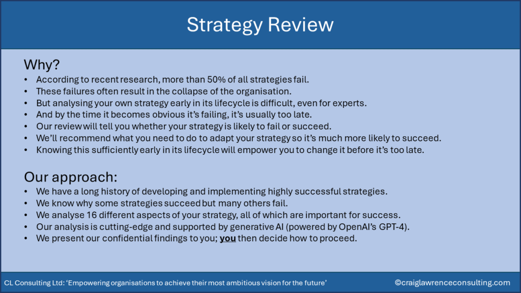 Our Strategy Review will help you adapt your strategy so it succeeds