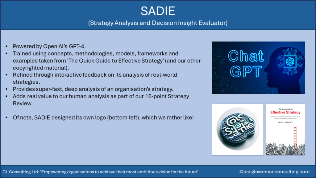 SADIE, our Strategy Analysis and Decision Insight Evaluator, is powered by OpenAI's GPT-4 and has been trained using material in The Quick Guide to Effective Strategy